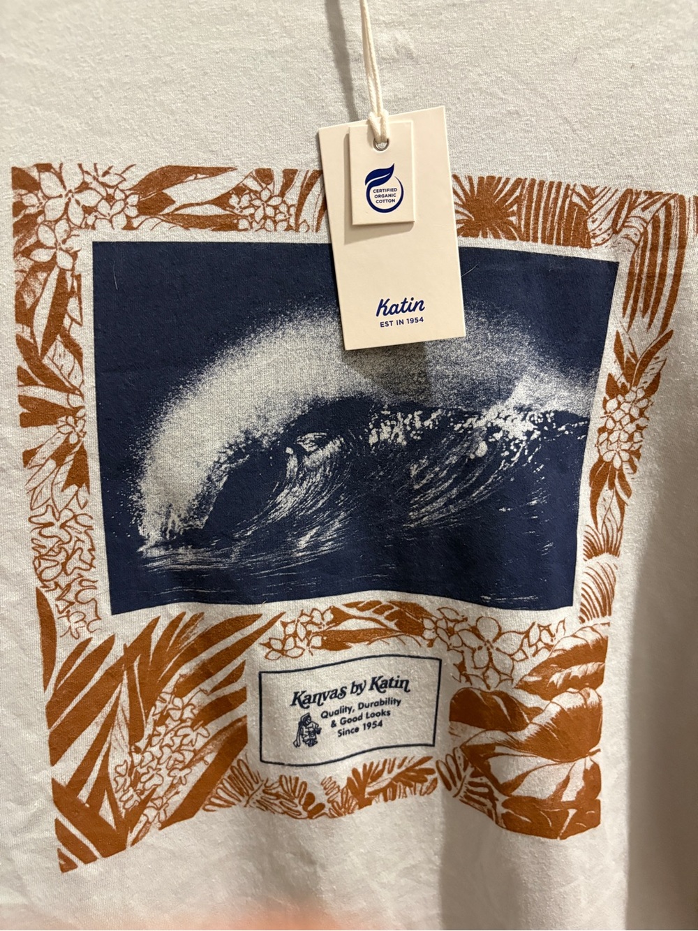 Katin White Short-Sleeve Tee with Blue Wave and Brown Floral Border